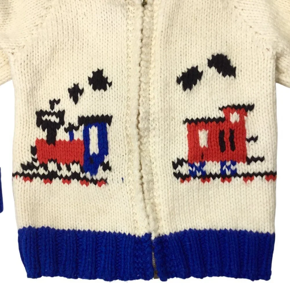 Vintage 60s Hand Knit Child's Cardigan Zipper Full Zip Sweater Train Double Side